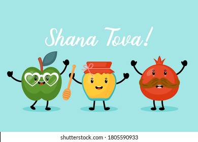 Jewish holiday Rosh Hashanah greeting card design with honey, apple and pomegranate funny cartoon characters. Hebrew text : "Happy New Year"