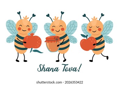 Jewish holiday Rosh Hashanah greeting card design with cute funny bee characters. Childish print for cards, stickers and decoration