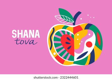 Jewish holiday Rosh Hashanah greeting card design with apple. Childish print for background, banner or poster design