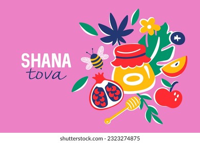 Jewish holiday Rosh Hashanah greeting card design with honey jar, apple and pomegranate. Childish print for background, banner or poster design