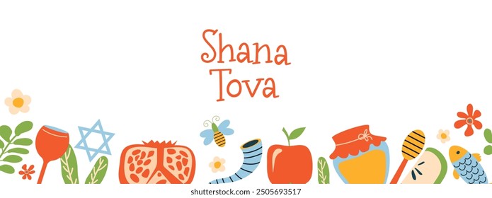 Jewish holiday Rosh Hashanah holiday greeting card design. White background. Hebrew text "Happy New Year". Print for cards, invitations and posters.