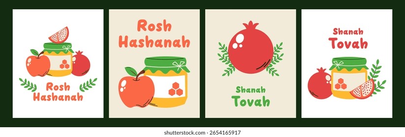 Jewish holiday Rosh Hashanah, greeting card set in minimalistic style. Vector illustration. Banner with honey, apple and pomegranate