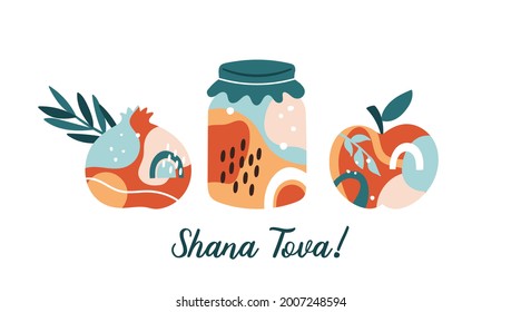 Jewish holiday Rosh Hashanah modern greeting card design. Honey jar, apple and pomegranate with abstract shapes creative concept. Hebrew text : Happy New Year