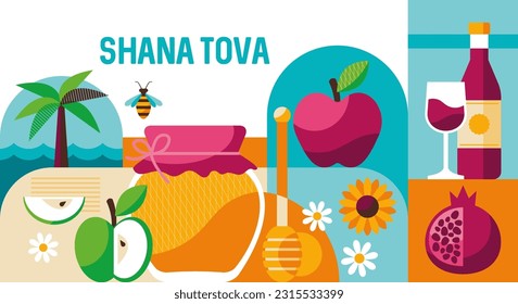 Jewish holiday Rosh Hashanah modern background with honey jar, apples and pomegranate. Template for banner, poster or greeting card. Vector illustration 