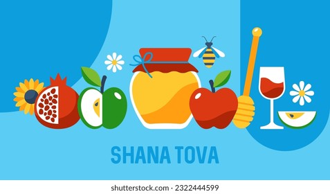 Jewish holiday Rosh Hashanah modern greeting card with honey jar, apples and pomegranate. Print for banner or poster. Vector illustration 