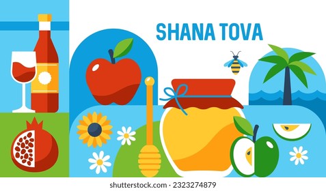 Jewish holiday Rosh Hashanah modern background with honey jar, apples and pomegranate. Template for banner, poster or greeting card. Vector illustration 