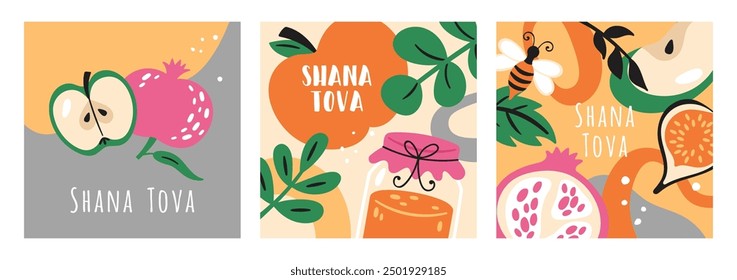 Jewish holiday Rosh Hashanah modern greeting card design. Honey jar, apple and pomegranate with abstract shapes creative concept