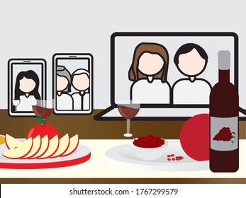 Jewish Holiday Rosh Hashanah Online Meal Table, Laptop, Tablet And Smartphone With People On The Table