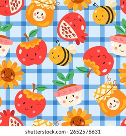 Feriado judeu Rosh Hashaná design de padrão sem costura com elementos engraçados fofos. Impressão infantil para embalagem de papel, embalagem, fundo e tecido