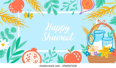 Jewish holiday Shavuot banner design with fruits, wheat and milk in basket. Greeting card template background.