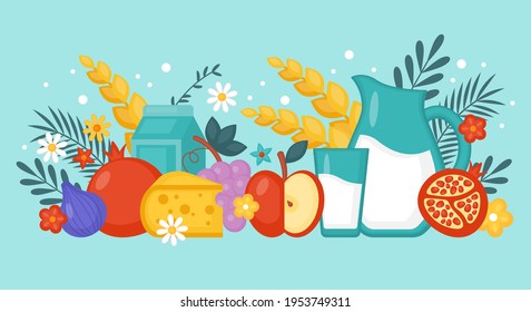 Jewish holiday Shavuot banner design with fruits, wheat and milk in basket. Greeting card template background.