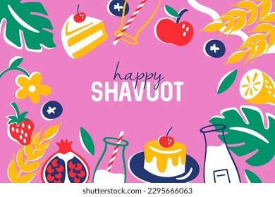 Jewish holiday shavuot border frame background with fruits, wheat ears and milk bottle. Childish print for greeting card, banner or poster design