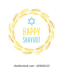 Jewish holiday Shavuot card as wreath of hand drawn wheat ear and hand written text