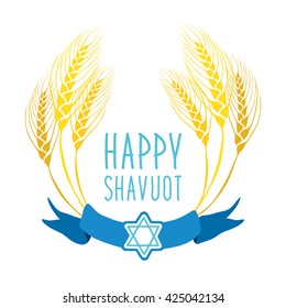 Jewish holiday Shavuot card as wreath of hand drawn wheat ear and hand written text