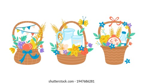 Jewish holiday Shavuot cute gift basket set. Childish print for greeting card, banner, poster and invitation template.