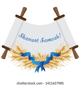 Jewish holiday of Shavuot, ears wheat, The Torah scroll, greeting inscription hebrew - Happy Shavuot, isolated on white background - Vector