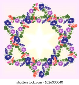 The Jewish Holiday Star of David in the form of a wreath of bright colors of wither of blue, pink and purple and green leaves and stems, Magen David, vector illustration with a radiance in the center