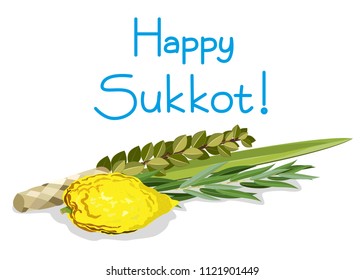 Jewish holiday Sukkot. Etrog, lulav, hadas, arava. Illustration.