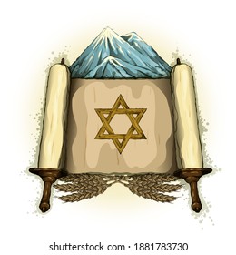 Jewish holiday. Torah with the Star of David on the background of Mount Sinai.