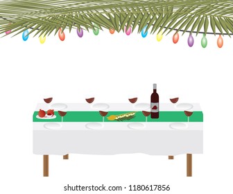 Jewish holiday traditional Sukkah and dinner table on white background