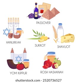 Jewish holiday traditional symbols composition set. Happy Rosh Hashanah, Hanukkah, Sukkot, Yom Kippur, Shavuot and Passover religious celebrations isolated on white