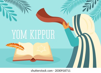 Jewish holiday Yom Kippur background with book of life, feather quill pen and shofar