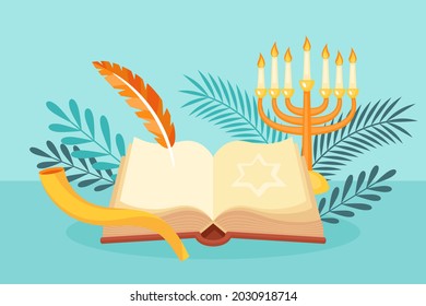 Jewish holiday Yom Kippur background with book of life, feather quill pen and shofar