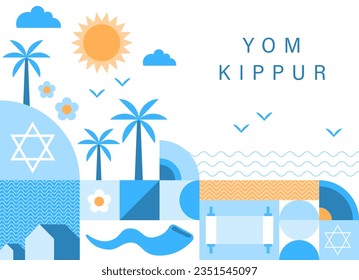 Jewish holiday, Yom Kippur background, banner, flat geometric style. Day of Atonement and Shofar horn. Yom Kippur concept design