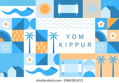 Jewish holiday, Yom Kippur background, banner, flat geometric style. Day of Atonement and Shofar horn. Yom Kippur concept design