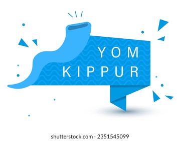 Jewish holiday, Yom Kippur. Day of Atonement and Shofar horn. Blue paper banner, sign