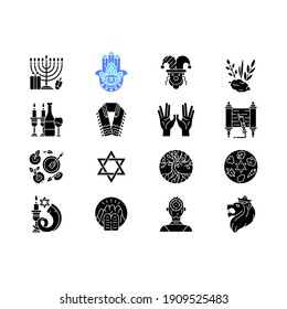Jewish holidays black glyph icons set on white space. Holy symbolism. Purim, hanukkah, shavuot, shabbat. Hebrew Bible. High Holy Days. Silhouette symbols. Vector isolated illustration