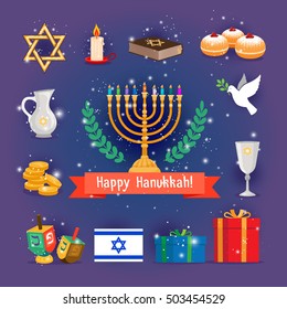 Jewish holidays hanukkah or chanukah icons with menorah candles. Vector illustration