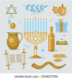 Jewish holidays Hanukkah. Flat icons with menorah candles and happy hanukkah ribbon. Illustration of elements.