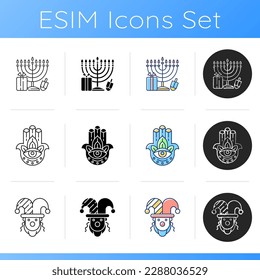 Symbole jüdischer Feiertage setzen. Menorah. Hamsa Hand. Purim Feiern. Candelabrum mit 9 Ständen. Gott Hand. Gedenken an das jüdische Festival. Farbstile Linear, Schwarz und RGB. Einzelne Vektorgrafiken