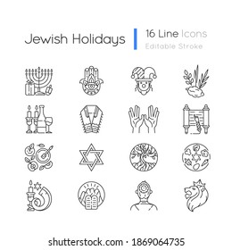 Jewish Holidays Linear Icons Set. Holy Symbolism. Purim, Hanukkah, Shavuot, Shabbat. Hebrew Bible. Customizable Thin Line Contour Symbols. Isolated Vector Outline Illustrations. Editable Stroke