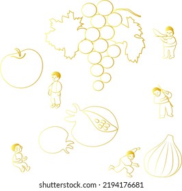 Jewish holidays set circuit tiny people, fruits of Israel vector illustration. Rosh hashanah, Yom Kippur, Sukkot, season of collecting harvest, festive in Israel. Israeli fig, apple, pomegranate.