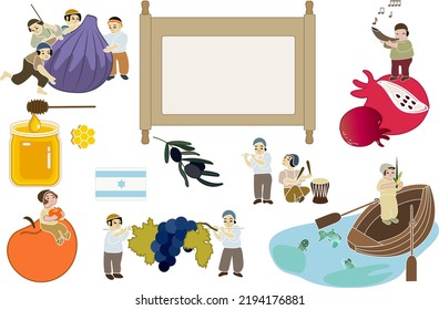 Jewish holidays set with tiny people, fruits of Israel vector illustration.Rosh hashana, Yom Kippur, Sukkot, season of collect harvest, festive in Israel. Israeli flag, honey, pomegranate, fig, Torah.