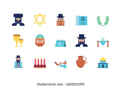 Jewish icon set design, Hanukkah holiday celebration judaism religion festival traditional and culture theme Vector illustration