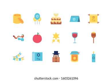 Jewish icon set design, Hanukkah holiday celebration judaism religion festival traditional and culture theme Vector illustration
