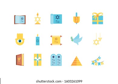 Jewish icon set design, Hanukkah holiday celebration judaism religion festival traditional and culture theme Vector illustration