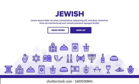 Jewish Israel Religion Landing Web Page Header Banner Template Vector. Synagogue And Torah, Candle And Flag, Book And Dreidel, Jewish Religious Illustration