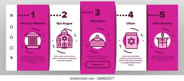 Jewish Israel Religion Onboarding Mobile App Page Screen Vector. Synagogue And Torah, Candle And Flag, Book And Dreidel, Jewish Religious Illustrations