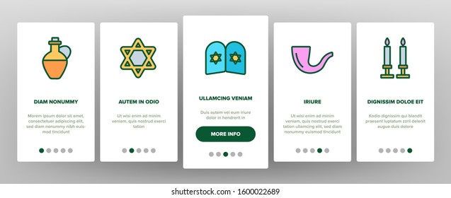 Jewish Israel Religion Onboarding Mobile App Page Screen Vector. Synagogue And Torah, Candle And Flag, Book And Dreidel, Jewish Religious Illustrations