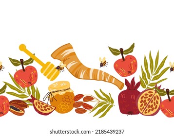 Jewish Israeli Jewish New Year holiday seamless background or border with Rosh hashanah symbols such as apples, pomegranate and honey, hand drawn vector illustration isolated on white.