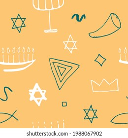 Jewish items seamless pattern, Jewish hand drawn lineart icons background, vector illustration.