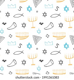 Jewish items seamless pattern, Jewish hand drawn lineart icons background, vector illustration.