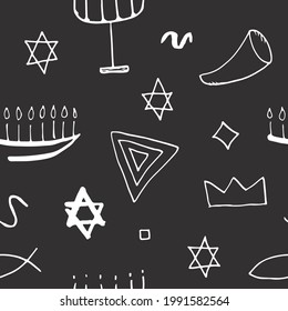 Jewish items seamless pattern, Jewish hand drawn lineart icons background, vector illustration.