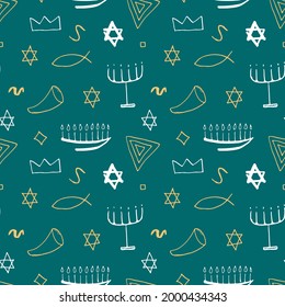 Jewish items seamless pattern, Jewish hand drawn lineart icons background, vector illustration.