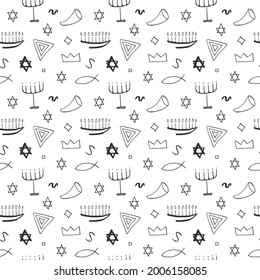 Jewish items seamless pattern, Jewish hand drawn lineart icons background, vector illustration.