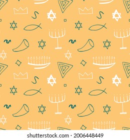 Jewish items seamless pattern, Jewish hand drawn lineart icons background, vector illustration.